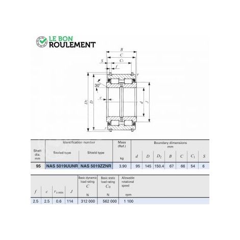 Roulement à rouleaux cylindriques NAS5019-UU-NR-IKO