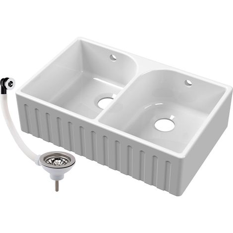 Fireclay Double Bowl Fluted Front Butler Kitchen Sink with Full Weir, Overflows, Tap Ledge and Wastes, 795mm - Chrome (1/3)