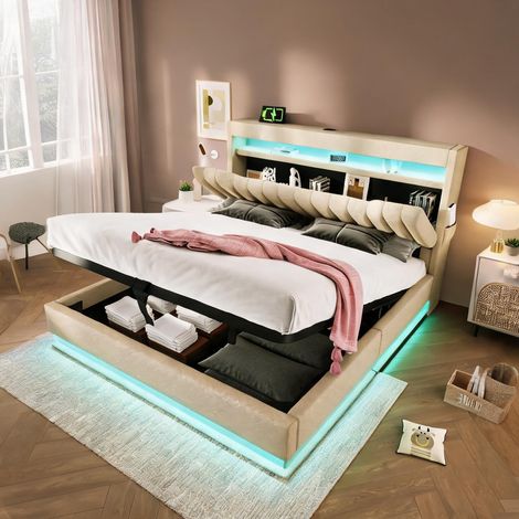 Cadre de lit beige en lin 218 x 182 x 112 cm (1/5)