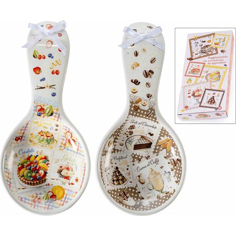 Repose-cuillères en céramique imprimé pâtisseries avec nœud en coffret cadeau, lot de 8, 11,5 x H. 24 cm
