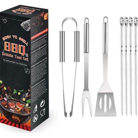 Set Ustensiles BBQ 7 Pièces Acier Inoxydable Pince Fourchette Spatule 4 Brochettes Boîte Cadeau Grill Barbecue Extérieur (1/4)