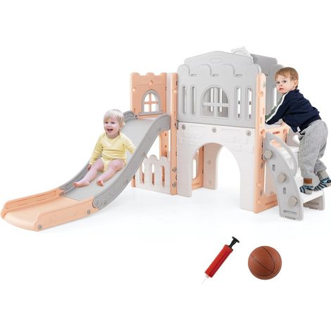 COSTWAY Scivolo per Bambini 9 in 1, Set da Gioco con Canestro da Basket, Telescopio, Volante, Corridoio, Tunnel e Spazio di Archiviazione, Scivolo da Interno ed Esterno per 1+ Anni (Rosa+Grigio) (1/5)