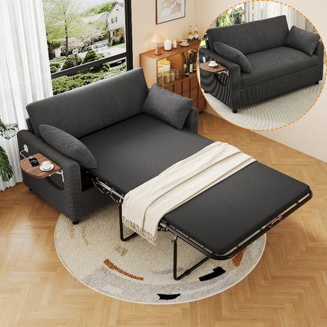 2-Sitzer Schlafsofa ausziehbar mit Matratze und Schlaffunktion, 134x82x84 cm, modernes Cord Sofa als Gästebett mit USB-Anschluss & Klapptisch, Grau (1/5)
