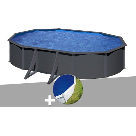 GRE – Piscine hors sol ovale 5,27 x 3,27 x 1,22 m en acier gris anthracite – Volume 13,86 m³ – Système de filtration à sable inclus