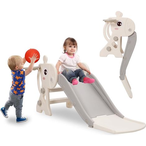 Kids Slide with Basketball Basket, Baby Slide, Indoor and Outdoor Foldable Slide for Kids 1 2 3 Years, Easy Assembly (Grey+Deer) (1/5)