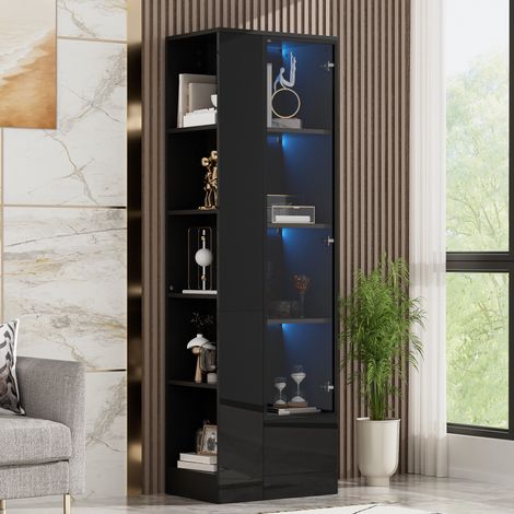 Vitrina expositora con puerta de cristal - 50x35x160 cm - mueble auxiliar de salón y comedor brillo con iluminación led app y cajón almacenamiento - negro (1/5)