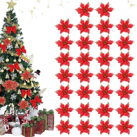 Fleur De Décoration De Noël - 13 Cm - En Plastique Avec Paillettes Argentées - Pour Arbre De Noël Guirlande Et Couronne - Lot De 30 Pièces (1/5)