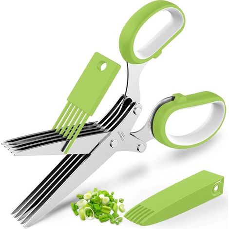 Ciseaux à herbes 5 lames en acier inoxydable, lames tranchantes, poignée ergonomique, avec peigne de nettoyage et couvercle de sécurité, vert (1/5)