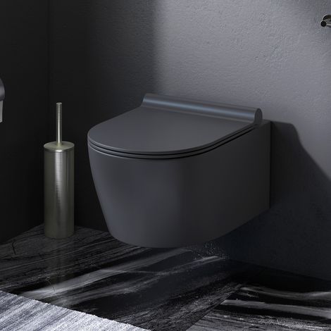 Am.Pm – WC suspendu sans bride noir en céramique – Cuvette sans rebord – Abattant Softclose – Nettoyage facile et hygiénique (1/5)