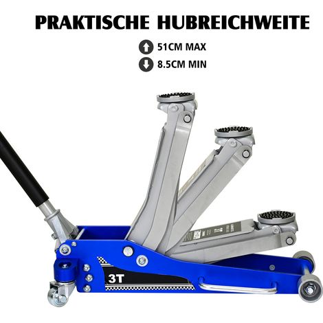 Cric hydraulique aluminium 3 tonnes adapté SUV et camions. Capacité 6600 lb avec selle supplémentaire,conception robuste couleur bleu et argent.