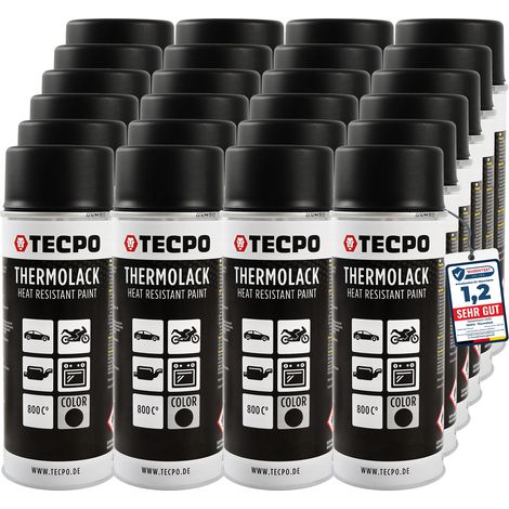 TECPO Thermolack Spray Dose 24x 400ml Auspufflack Autolack Ofenlack Bremssattellack hitzebeständig bis 800°C schnell trocknend Auto Lackspray Schwarz Matt schützt Motor und Auspuff vor Rost (24er-Pack