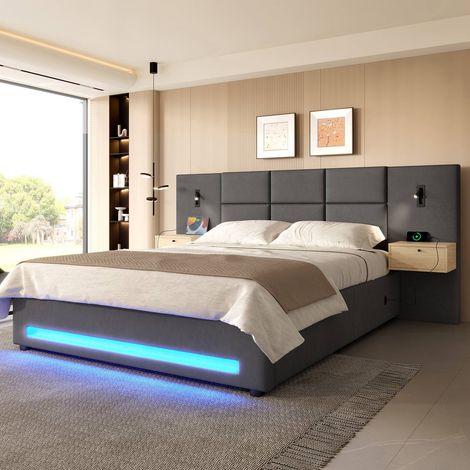 Lit 180x200 cm en velours avec tiroirs, rangement hydraulique, LED, USB-c et structure métal, sans matelas (1/5)