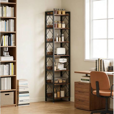 Librería esquinera 34x34x200 cm, 7 estantes abiertos, diseño con barreras laterales, metal y madera, negro y marrón rústico (1/5)