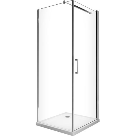 Caja de ducha con puerta batiente y pared fija lateral de vidrio templado de 8 mm, H. 200 cm, reversible 82-84 Fijo + Puerta 118,5-120,5
