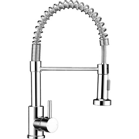 Robinet d'évier de cuisine, mitigeur monocommande, bec flexible avec ressort en spirale, robinet de cuisine avec douchette extensible, mitigeur chromé (1/5)