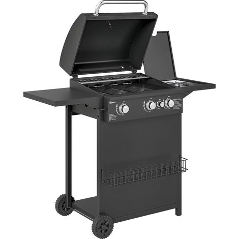 Barbecue au gaz 3+1 feux en acier, 9,5 kW, barbecue extérieur avec 2 grilles et tablettes latérales, 2 roues, noir (1/5)