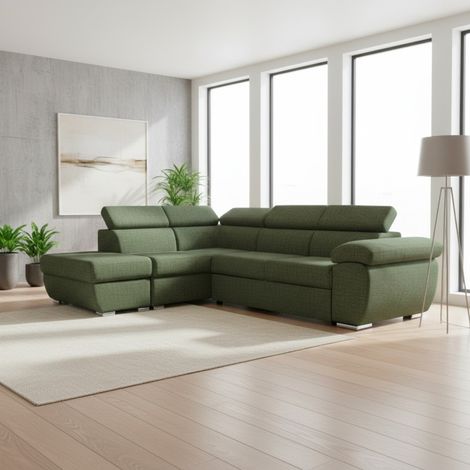 Divano Letto Angolare Fiona con Penisola Sinistra e Pouf Contenitore – Verde Oliva (1/5)