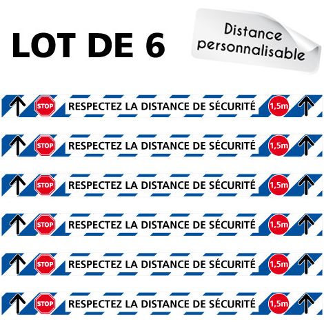 AUTOCOLLANT COVID 19 . LOT DE 6 AUTOCOLLANT SOL AVEC COLLE FORTE . RESPECTEZ LA DISTANCE DE SECURITE . DISTANCES PERSONNALISABLE. Bleu .  - Bleu