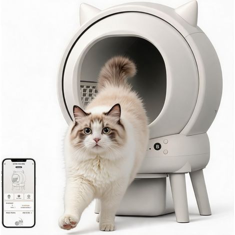 Bac à litière automatique autonettoyant pour chat - 65 L, fermé silencieux, contrôle via appli Wi‑Fi 2,4 GHz - 9 capteurs, anti‑pincement, bac déchets 8 L (jusqu’à 15 jours) - Blanc - Édition exclusiv