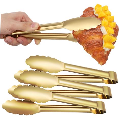 4 pinces salade inox antidérapantes finition dorée, ustensiles résistants pour buffet, barbecue ou steak (1/5)