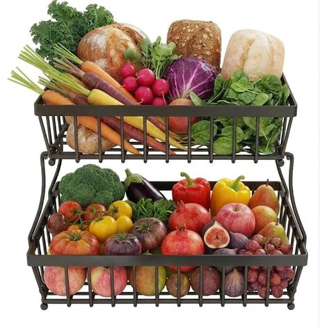 Corbeille à fruits à 2 niveaux, 2 étages, avec métal amovible, panier à fruits empilable, présentoir pour fruits (1/4)