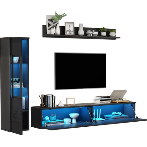 TV Möbel Set mit Vitrine und Wandregal, LED, Griffloses Öffnen, für Wohnzimmer, aus Spanplatte, Schwarz (1/5)
