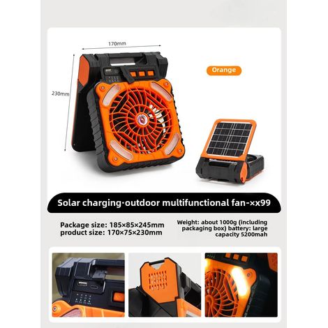 (Orange) Ventilateur de camping solaire avec lumière LED et batterie rechargeable, respectueux de l'environnement. (1/5)