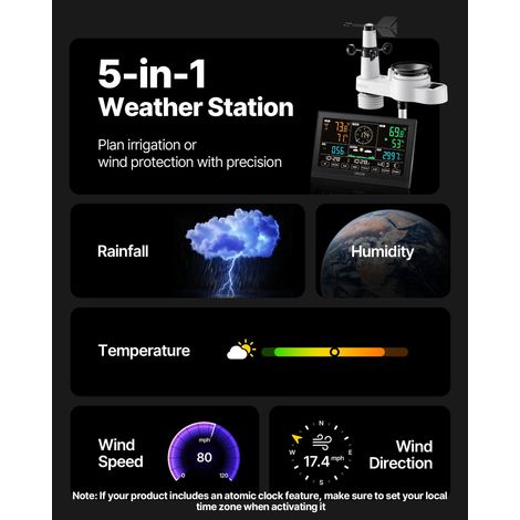 Station Météo Sans Fil 5 en 1, Station Météo Solaire Intérieur Extérieur, avec Écran VA 190,5 mm, Capteur, Prévisions, Température,… (1/5)