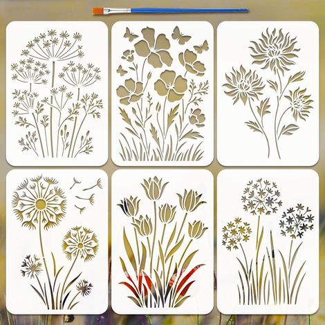 6 Pcs Pochoir Peinture Feuilles Fleurs avec Pinceau, 29.7x21cm Réutilisable Pochoir Peinture Pissenlits Lys Papillons Modèles Dessin Plante Florale Papillon pour Bois Mur Toile (1/5)