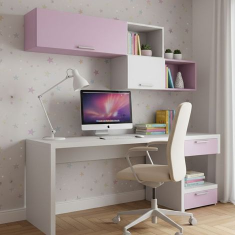 Angolo studio moderno con cassettiera sfalsata per cameretta - bianco e cipria