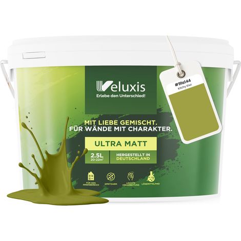 Wandfarbe Grün Gelb Gold Matt Innenfarbe – Deckkraft Klasse 1, VOC-frei, Ohne Grundierung, Tropfarm – Wohnzimmer & Schlafzimmer – 2,5L – Veluxis (Kitchy Kiwi)