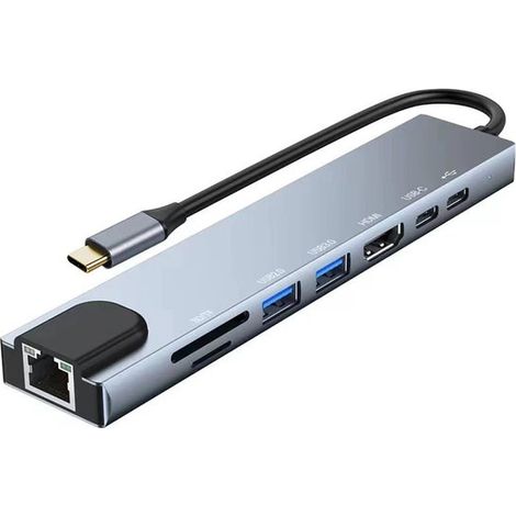 Longziming - Adaptateur hub USB-C 8 en 1 – Double HDMI 4K, Ethernet Gigabit, USB 3.0/2.0, alimentation 100 W, transfert de données USB-C, lecteur de cartes SD/TF (1/5)