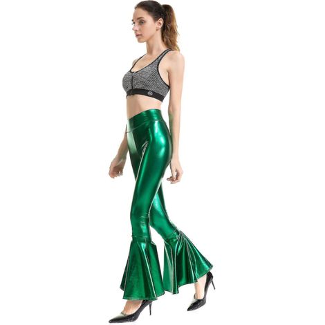 Damen-Schlaghose, Meerjungfrauenhose mit weitem Bein, Metallic-Hippiehose Xinmu-S-Grün