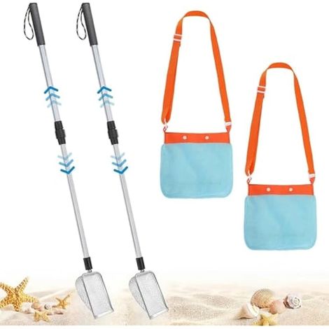 2 pièces Tamis à sable avec sacs coquillages, 55-106 cm Tamis à dents de requin réglable, pelle rétractable pour ramasser coquillages, chasse aux trésors et roches