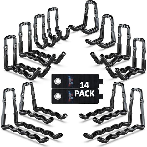 3-H Lot de 14 Crochets Muraux Garage Monobloc en Acier Robuste, Support 40kg, Kit de Rangement Outils Mural pour Échelle, Vélo, Tuyaux et Outils de Jardin (1/5)