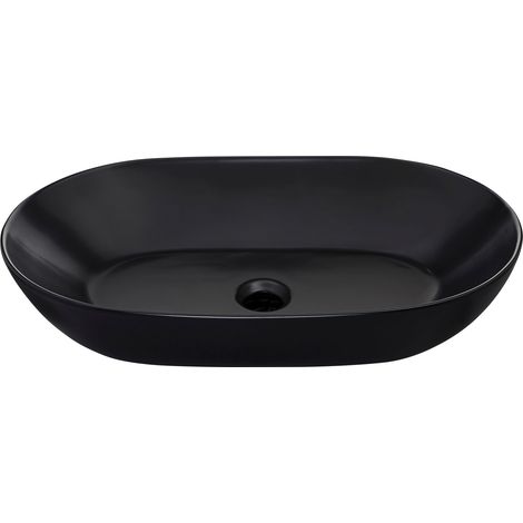 Collection, vasque, 60 x 42 x 14,5 cm, ovale, à poser, avec trop-plein, céramique, lavabo oval, noir mat, SATI (1/4)