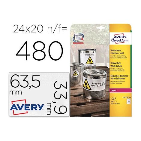 Etiqueta adhesiva avery poliester blanco 63,5x33,9 mm para impresora laser pack de 480 unidades
