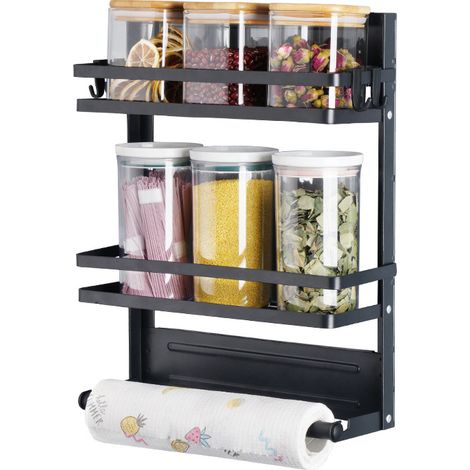 Kühlschrankablage, bohrfreies Küchenregal mit Küchenrollenhalter und 4 Haken, klappbares, wandmontiertes Gewürzregal (1/5)