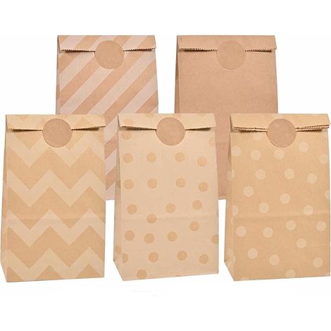 20 sacchetti di carta marrone, sacchetti regalo, sacchetti di carta kraft per dolci, ideali per incartare regali, feste di compleanno per bambini, matrimoni e anniversari. (5 fantasie) (1/3)
