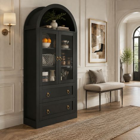 Aparador alto arqueado con puertas de cristal, 80 x 36 x 170 cm, negro, con cajones, OKWISH (1/5)