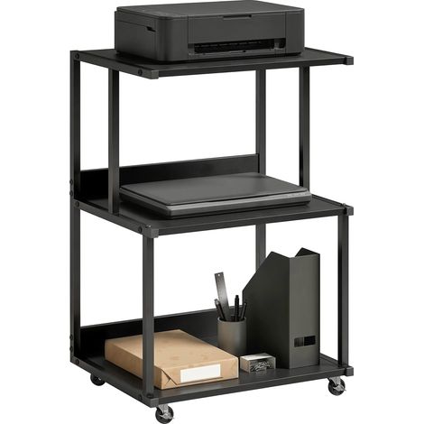 Soporte para impresora de 3 niveles con ruedas, estilo industrial, negro, 50x40x75cm, estructura metálica, paneles de aglomerado, capacidad de carga de 30 kg, antivuelco, para oficina en casa