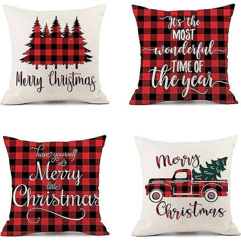 Housse de coussin de Noël 45 x 45 cm, décoration de canapé à carreaux, décoration de Noël, A (1/3)