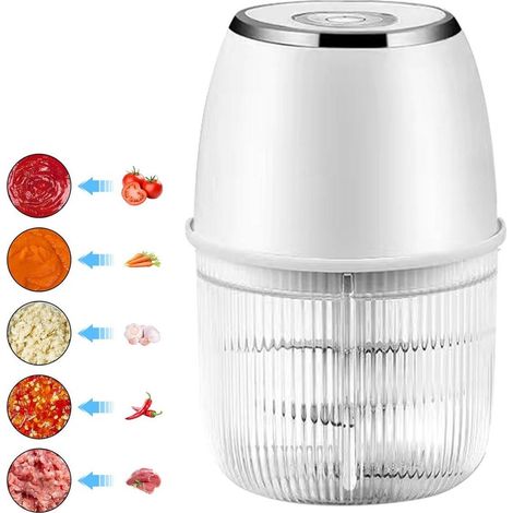 Elektrische Küchenmaschine (350 ml) mit 6-Klingen-System zum Zerkleinern von Knoblauch und Fleisch, USB-aufladbar – Weiß (1/3)