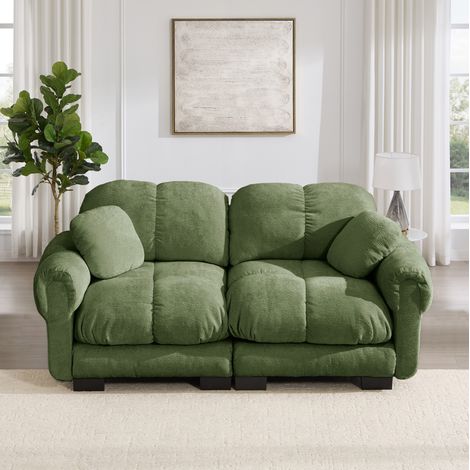 Sofá modular de 2 plazas en chenilla verde con cojines acolchados y respaldo ergonómico para el salón. (1/5)