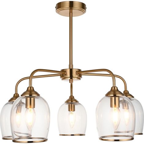 Endon Ashcroft Suspension multi-bras, plaque en laiton vieilli brossé et verre transparent, 5 ampoules E14