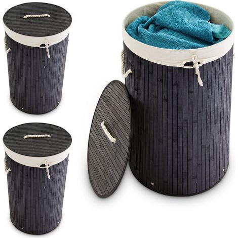 3 Cestos Ropa Sucia con Tapa, Redondo, Cubo Colada, Canasta Plegable, Bambú, 70 L, Ø 41 cm, Negro