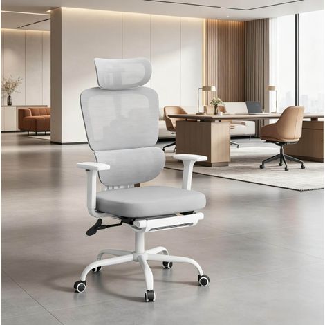 Ergonomischer Bürostuhl drehbar, neigbare Rückenlehne, klappbare Fußstütze, graues Netzgewebe HAVRYA (1/5)