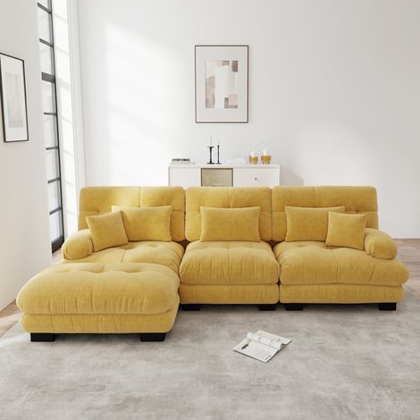 Canapé modular de chenilla amarilla con otomana móvil, composición en L, U o recta (1/5)