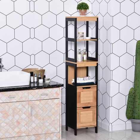 Mueble columna de almacenamiento para baño de estilo acogedor, dimensiones 30 cm de ancho x 30 cm de profundidad x 144 cm de alto, 3 estantes, 2 cajones, bambú negro.