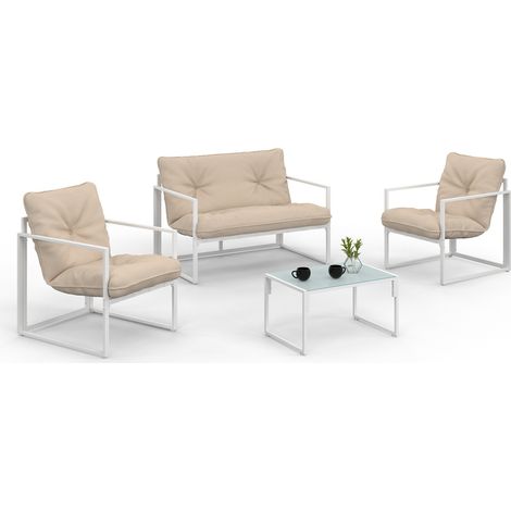 Idmarket – Salon de jardin bas NAIROBI 4 places – Structure en acier blanc – Coussins en polyester déperlant beige – Table basse en verre trempé